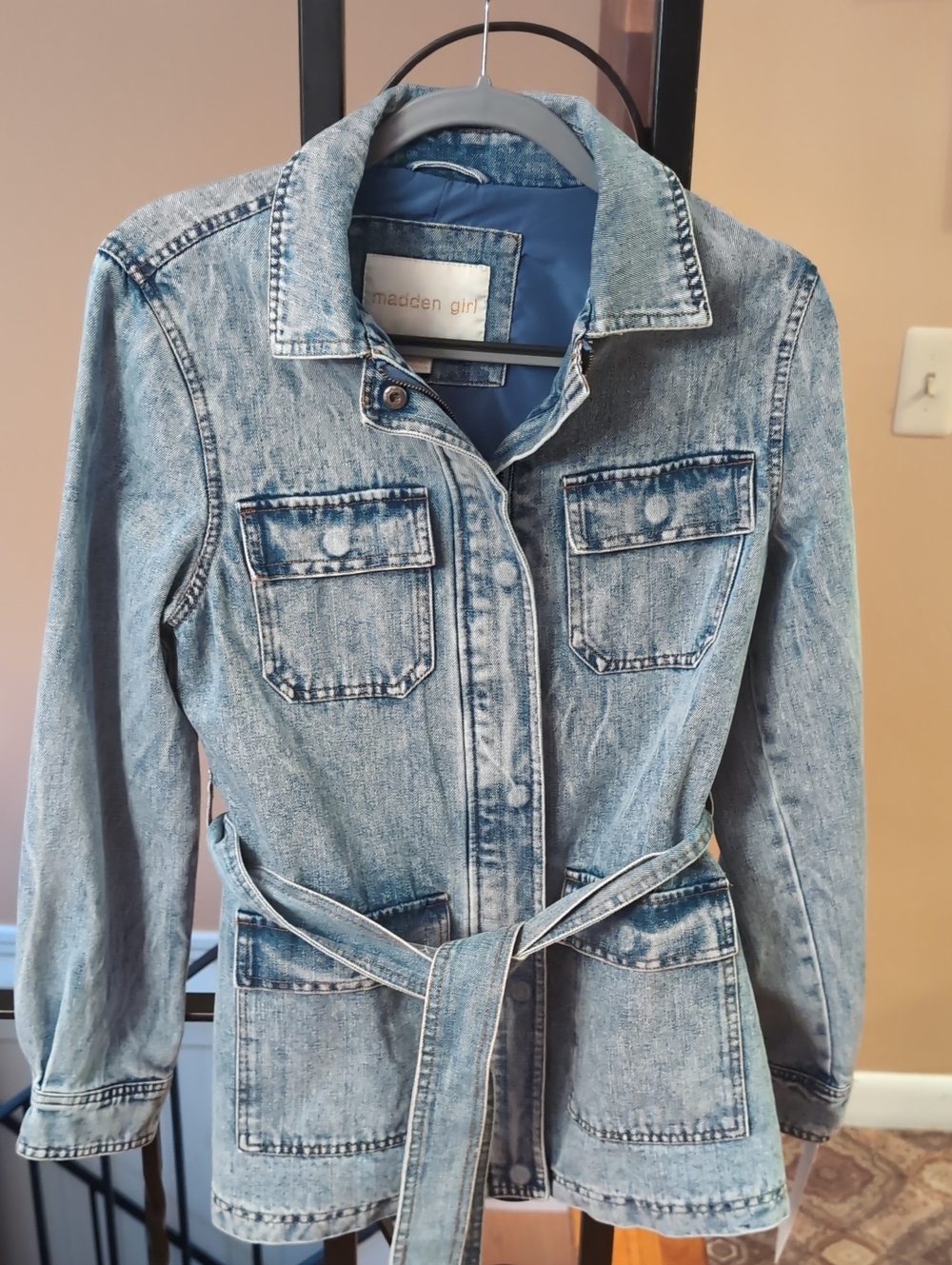 Madden Girl Light Blue Washed Denim Jacket with Waist Tie